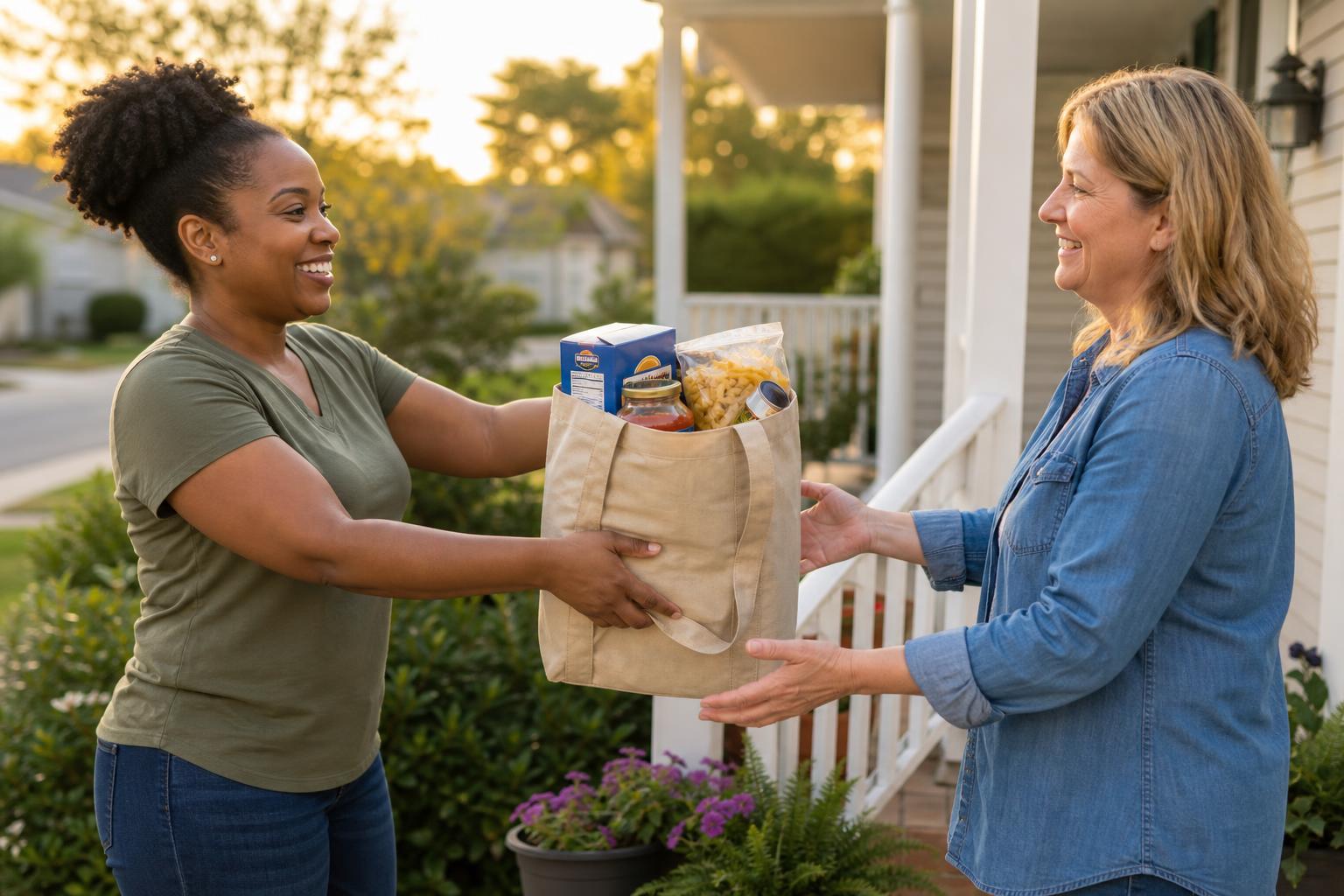 A neighbor offering a bag of groceries to another neighbor on a porch — friendly local food sharing